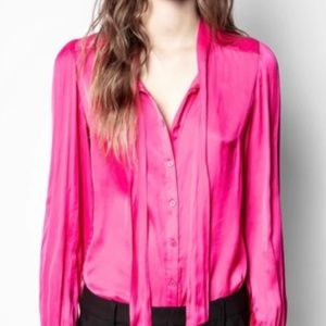 Zadig&Voltaire women’s pink Japanese satin tunic with pussycat bow.